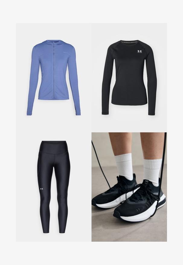 Hosszú ujjú, cipzáros kapucnis pulóver világoskék szövetből. Texturált mintával és testhezálló szabással rendelkezik, kapucnival.; Fekete, hosszú ujjú sportpóló sima anyagból, kerek nyakkivágással és egy kis fehér logóval a bal mellrészen.; Fekete leggings sima, rugalmas anyagból, magas derékkal. Bal combján fehér logó található, és testhezálló kialakítású.; Fekete sportcipők textúrált anyagból, fehér talppal és fekete fűzőkkel. Fehér bordázott zoknikkal viselve, világos felületen állva.