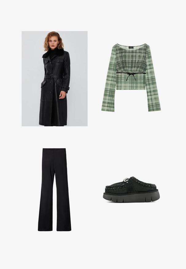 Zwart lederen trenchcoat met een bontkraag, een ceintuurlijn in de taille, knoopsluiting en twee voorzakken; heeft een gladde textuur en een getailleerd ontwerp.; Groen geruit crop top met lange mouwen, met een geplooide halslijn en een zwarte strikaccent in de taille. Gemaakt van lichtgewicht stof.; Zwarte flared broek met een elastische tailleband, gemaakt van een zachte, rekbare stof, met een gladde textuur en zonder zichtbare patronen of hardware.; Zwarte suede instapschoen met bontafwerking, gevlochten stiksels en een chunky zwarte zool. Voorzien van een gebrandmerkte band over de bovenkant.