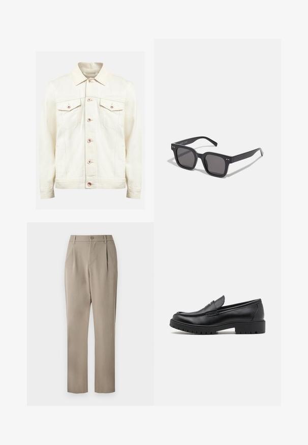 Redefined Rebel BAKER JACKET - Cowboyjakker - raw cotton; Hvid kortærmet t-shirt lavet af blødt stof. Rund halsudskæring, afslappet pasform og enkelt design uden udsmykninger eller mønstre.; Khaki bukser med lige ben, der har en knaplukning og plisseret foran. Fremstillet af glat stof med mat finish.; Sorte læder loafers med rund tå, slip-on design og tyk gummisål med tekstureret greb. Forhøjet hæl og subtile syninger.; Sorte rektangulære solbriller med mørke linser, der har en tyk ramme, subtile detaljer på siderne og uden synlige logoer udover mærkenavnet.
