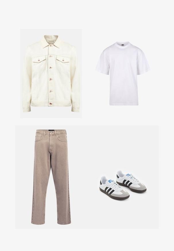 Redefined Rebel BAKER mleczny; Biała bawełniana koszulka z okrągłym dekoltem, krótkimi rękawami i luźnym krojem. Posiada prosty design bez wzorów czy akcentów.; Jasnobeżowe jeansy o prostych nogawkach, z lekko wyblakłą fakturą, wzorem z pięcioma kieszeniami oraz zamknięciem na metalowy guzik. Wyraźne detale przeszycia.; Buty sportowe z białą skórzaną cholewką, szarym zamszowym noskiem i trzema czarnymi paskami. Posiadają niebieskie logo na języku oraz teksturowaną gumową podeszwę.