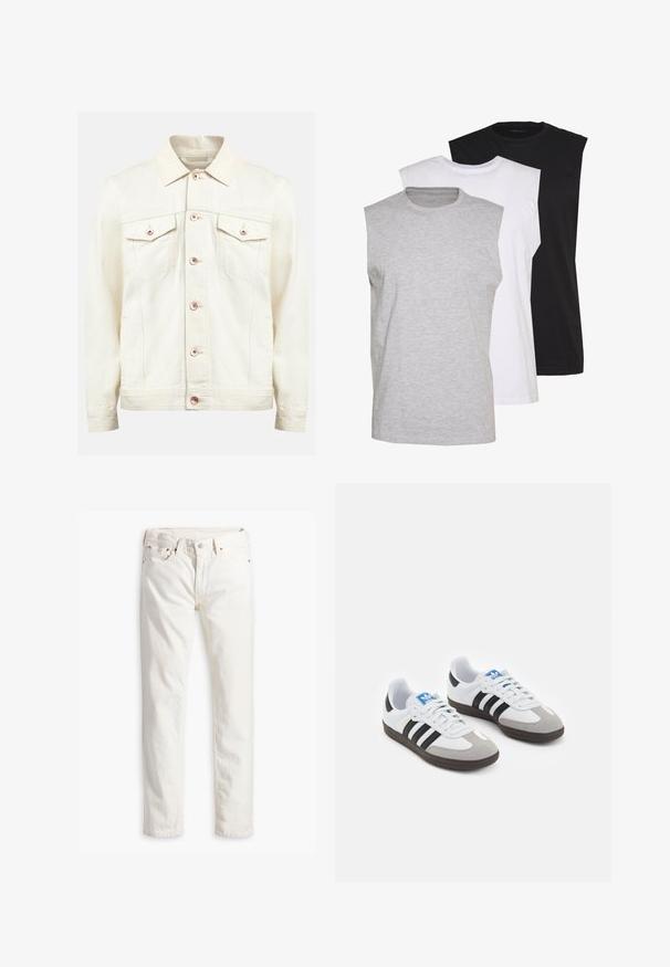 Redefined Rebel BAKER JACKET - Cowboyjakker - raw cotton; Tre ærmeløse t-shirts i grå, hvid og sort. Blødt bomuldsmateriale med rund hals og afslappet pasform. Enkel design, ingen mønstre.; Hvide denimjeans med lige snit, fem lommer, kobberknap og nitter samt et subtilt tekstureret stof. Ingen synlige mønstre.; Sportsko med en overdel i hvid læder, grå ruskind på tåen og tre sorte striber. Har et blåt logo på tungen og en struktureret gummisål.