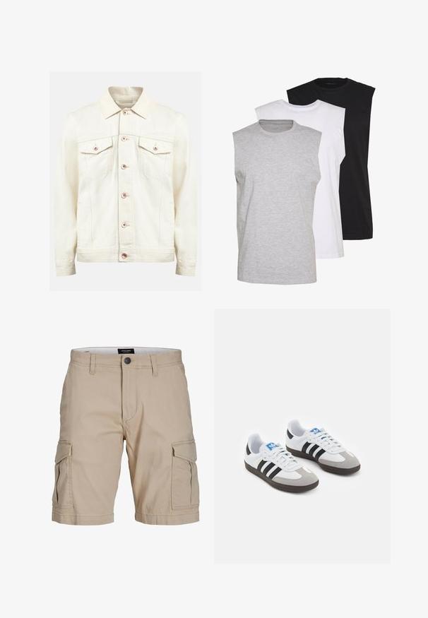 Redefined Rebel BAKER JACKET - Spijkerjas - raw cotton; Drie mouwloze T-shirts in grijs, wit en zwart. Zacht katoenmateriaal met een ronde hals en een relaxte pasvorm. Eenvoudig ontwerp, geen patronen.; Beige cargoshorts van katoen, met meerdere zijzakken, een knoopsluiting bij de taille en een rechte pasvorm.; Sportschoenen met een witte leren bovenkant, grijze suède neus en drie zwarte strepen. Bevat een blauw logo op de tong en een gestructureerde rubberen zool.