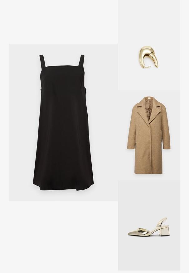 Brown wool-blend coat with a textured finish, notched lapels, open front, and side pockets. Designed for a loose fit with long sleeves.; Black sleeveless dress with a square neckline, made from smooth fabric, featuring a loose fit and straight cut. No visible patterns or hardware.; Gold, metallic slingback heels with a pointed toe and chunky heel. Smooth texture, minimalistic design, and a narrow strap.; Black leather handbag with a curved shape, detachable strap, and gold hardware. The bag features a flap with a buckle detail.; Gold-tone metal earring with a sleek, curved design. Features a distinctive pointed shape, polished surface, and hinge closure.