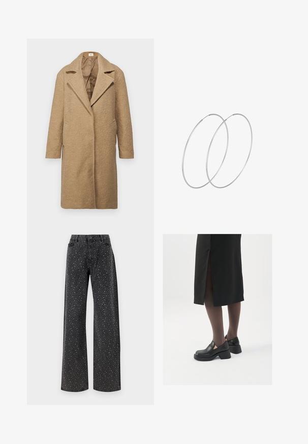 Brūns vilnas maisījuma mētelis ar teksturētu apdari, ar izgrieztām apmalēm, atvērtu priekšpusi un sānu kabatām. Veidots brīvā stilā ar garām piedurknēm.; JDY JDYTWINKLE XMAS O NECK PULLOVER - Džemperis - medium grey melange; Noisy May NMJANNEL LOOSE - Brīva piegriezuma džinsi - black denim; Melni ādas apavi ar noapaļotu purngalu, biezām bloku papēžiem un elastīgiem sānu akcentiem, apvienoti ar tumšām zeķubiksēm un melnu svārku ar šķirbu.; Sudraba gredzenveida auskari ar minimālistisku dizainu. Cirkulāra forma, gluda tekstūra un plāns profils. Vieglu svaru ar spīdīgu apdari.