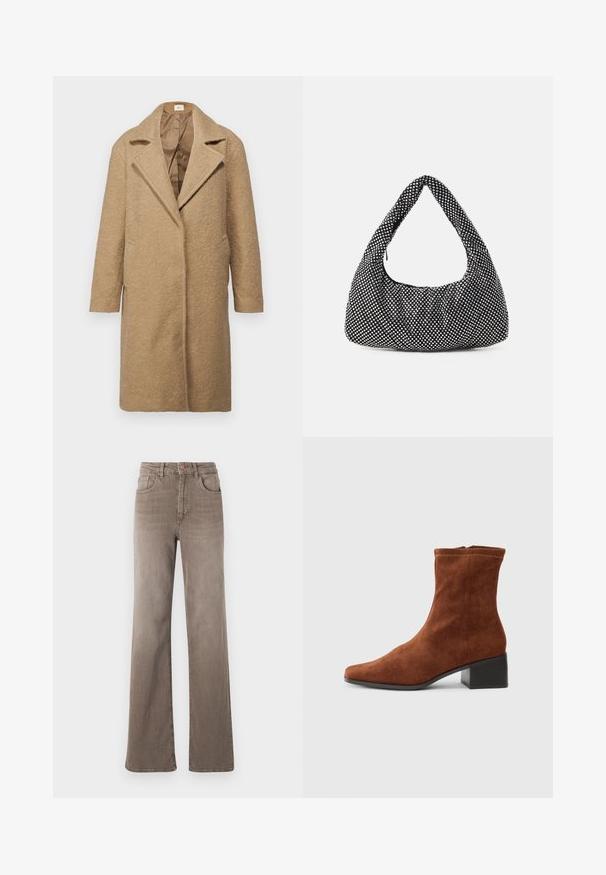 Abrigo de mezcla de lana marrón con un acabado texturizado, solapas notch, frente abierto y bolsillos laterales. Diseñado para un ajuste holgado con mangas largas.; Top negro de manga larga hecho de encaje texturizado, con un escote con punta y un diseño ajustado con un corte cropped.; Jeans de pierna recta de talle alto color marrón con botón frontal, trabillas para el cinturón y diseño clásico de cinco bolsillos sobre un fondo blanco.; Botín de ante marrón con punta cuadrada y tacón bajo, cierre de cremallera lateral, mostrado en perfil sobre un fondo blanco.; Bolso negro con forma curva de hobo, tejido texturizado con tachuelas plateadas. Asa superior singular, cierre de cremallera y silueta suave.