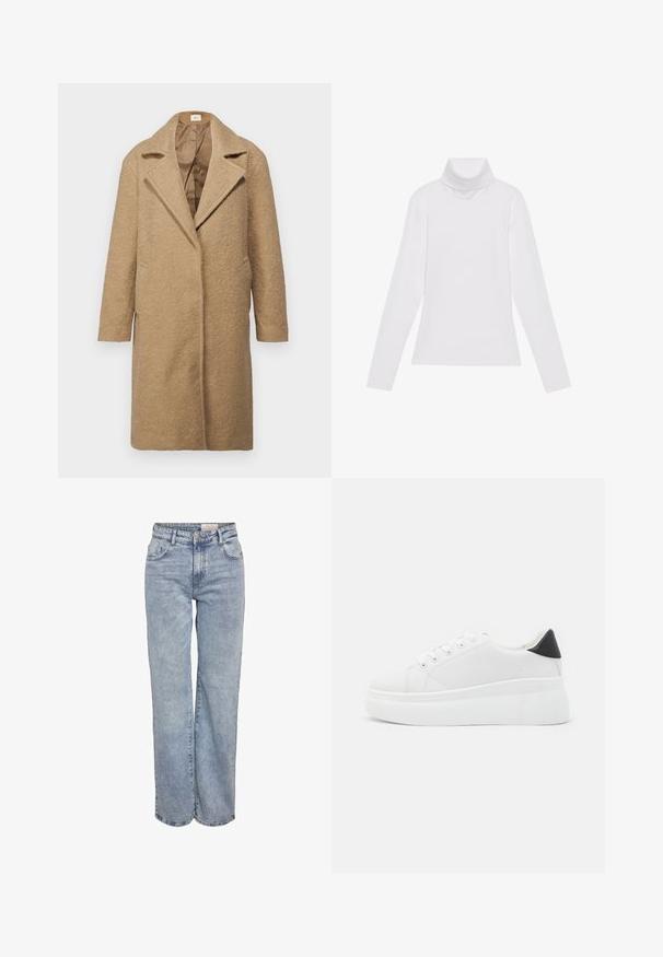 Brun ullblandad kappa med strukturerad yta, skarpa slag, öppen front och sidofickor. Designad för en lös passform med långa ärmar.; Vit långärmad polotröja gjord av ett smidigt, stretchigt material. Har en hög krage och åtsittande design, utan synliga mönster eller dekorationer.; Ljusblå vida jeans i denim med hög midja, femficksdesign och subtila blekningar för en använd look.; Vita plattformssneakers gjorda av slät syntetiskt material, med rund tå, snörningsdesign och en texturerad gummisula. Svart hälaccent.