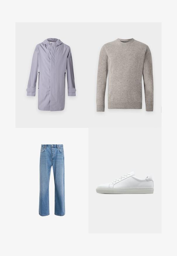 Cappotto lungo di un leggero colore viola realizzato in stoffa liscia, con cappuccio, due tasche laterali con cerniera e polsini arrotolati per un design elegante.; Maglione a maglia grigio chiaro con scollatura rotonda, maniche lunghe e polsini e orlo a costine. Motivo testurizzato con macchie di colore.; Jeans in denim blu chiaro con design a gamba dritta, cinque tasche, chiusura con bottone, leggero sbiadimento e dettagli di cucitura a contrasto.; Sneaker bianco con tomaia in pelle liscia e profilo basso. Presenta una punta arrotondata, sei occhielli e una suola in gomma testurizzata.