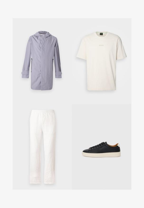Casaco longo roxo claro feito de tecido suave, apresentando capuz, dois bolsos laterais com fechos de correr e punhos dobrados para um design elegante.; BOSS TEE - T-shirt básica - open white; Calças brancas de linho com um cós elástico, design de perna reta e tecido ligeiramente texturizado. Sem padrões ou detalhes adicionais.; Tenis de couro preto com uma textura suave, sola de borracha bege, design de atar e um destaque no calcanhar em contraste.