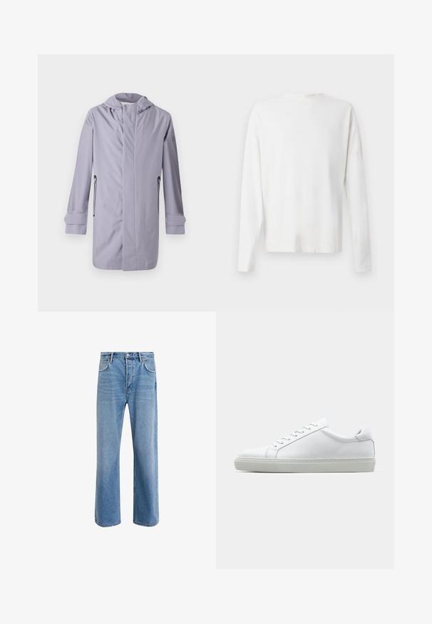 Light purple long coat made of smooth fabric, featuring a hood, two side pockets with zippers, and rolled cuffs for a streamlined design.; Long-sleeved white cotton shirt with a round neckline, side slits at the bottom, and a smooth texture, displayed from the back.; Light blue denim jeans with a straight-leg design, five pockets, button closure, minimal fading, and contrasting stitching details.; White sneaker with a smooth leather upper and a low profile. Features a rounded toe, six eyelets, and a textured rubber sole.