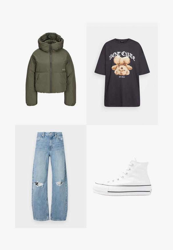 Giacca puffer verde oliva con collo alto, chiusura zip frontale e dettagli cuciti. Il tessuto ha una texture liscia e leggermente lucida.; T-shirt nera oversize con una grafica di un orso e la scritta "NON CARINA MA SELVAGGIA" in grassetto, lettere bianche. Materiale in cotone.; Jeans azzurri chiari a vita alta realizzati in denim. Presentano gambe larghe, due aree strappate sulle ginocchia e il classico styling a cinque tasche.; Sneaker alta in tela bianca con suola in gomma nera, punta in gomma frontale e sei asole per i lacci, caratterizzata da un design pulito e minimalista.