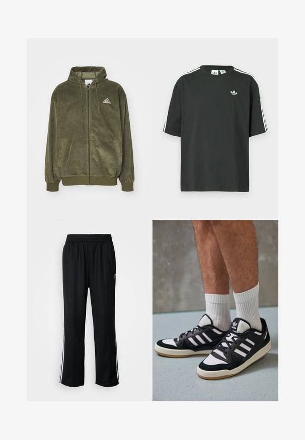 Alyvuogių žalia kordūrojaus užtrauktukas su kapisonu, priekinės kišenės ir balta Adidas logo viršutiniame kairiajame krūtinės kampelyje.; Juoda medvilninė trumpų rankovių marškinėliai su apvalia apykakle ir trimis baltomis juostelėmis ant pečių. Priekyje yra mažas baltas logotipas.; Juodi sportiniai keliai su elastingu juosmeniu, su baltais šonais ir mažu logotipu. Atrodo, kad medžiaga yra minkšta ir lengva.; Juodos ir baltos sportinės bateliai su zomšiniu ir odiniu viršumi, su trimis baltomis juostelėmis, perforuota koja ir guminėmis padais.