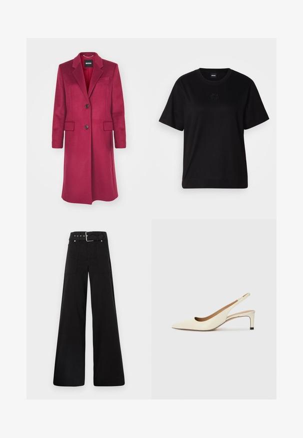 BOSS CATARA - Cappotto classico - dark red; Maglietta in cotone nera con scollatura tonda, maniche corte e logo ricamato sul petto. Design semplice e vestibilità rilassata senza motivi.; Pantaloni neri a gamba larga realizzati in cotone, con vita alta, ampie tasche laterali e vita con cintura arricchita da dettagli in metallo argentato.; Scarpa slingback a punta in pelle bianca sporca, caratterizzata da un tacco basso e un design con ritagli, dal texture liscia e con accenti minimi.