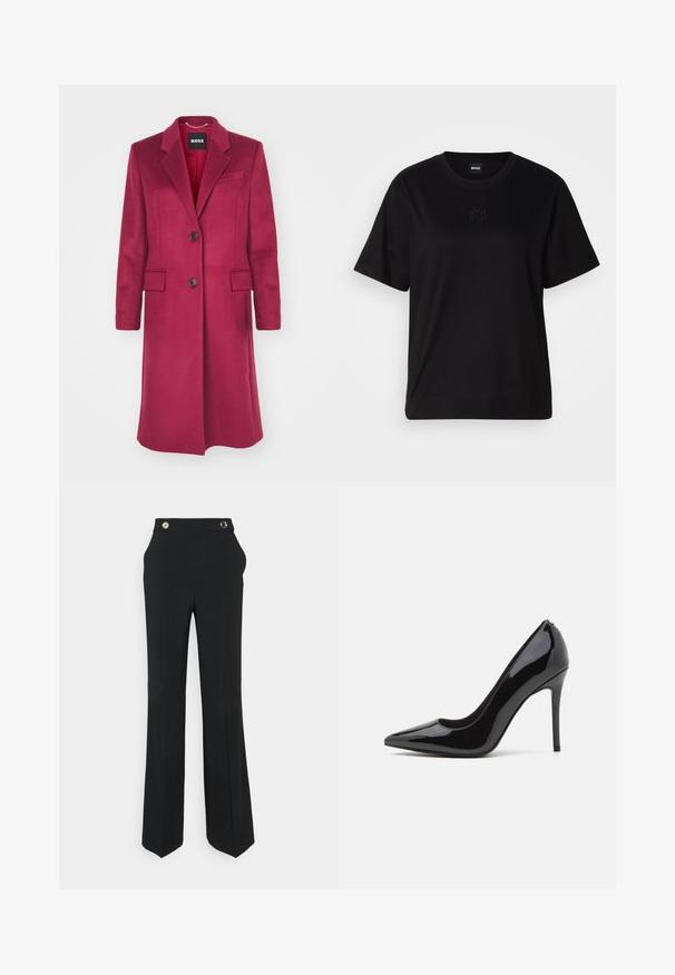 BOSS CATARA - Abrigo clásico - dark red; Camiseta de algodón negra con cuello redondo, mangas cortas y un logo bordado en el pecho. Ajuste simple y relajado sin patrones.; Pantalones negros con un diseño de pierna recta y acampanada. Presentan una cinturilla alta, dos botones circulares en tono dorado y bolsillos laterales. Textura de tejido suave.; Zapato de tacón alto de charol negro con punta afilada y textura suave, con un delgado tacón de aguja. Sin adornos visibles.