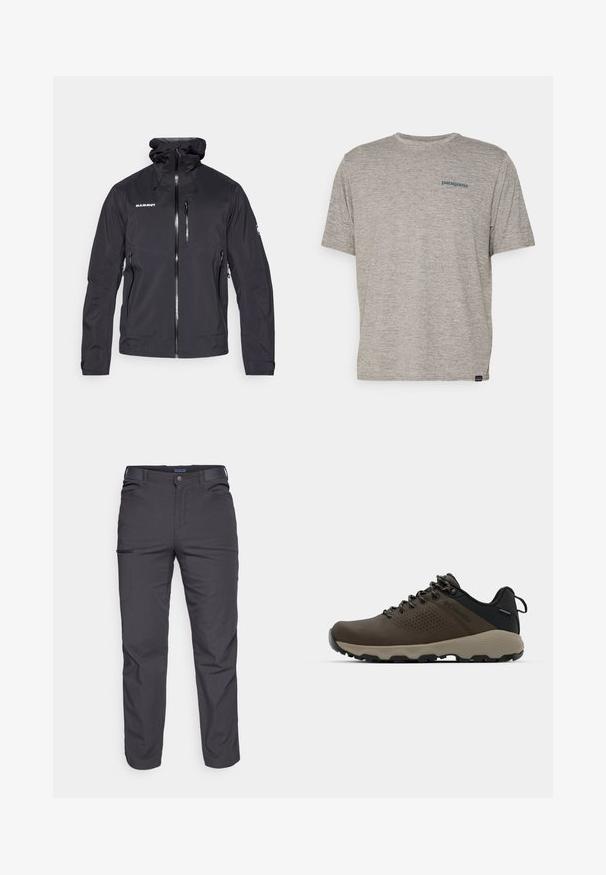 Sort vandtæt jakke med lynlås foran, justerbar hætte og to sidelommer med lynlås. Har et logo på brystet og tekstureret stof.; Grå kortærmet t-shirt lavet af blødt, struktureret stof med et lille blåt Patagonia-logo på venstre bryst. Ingen yderligere mønstre.; Mørkegrå bukser lavet af holdbart stof, med en lynlåslomme, lige snit og bæltestropper for justerbar pasform.; Brune vandtætte sneakers med en tekstureret overflade, perforerede akcenter, sort hælunderstøttelse og en grå gummisål. Snørebåndene er udsmykket med metalender.