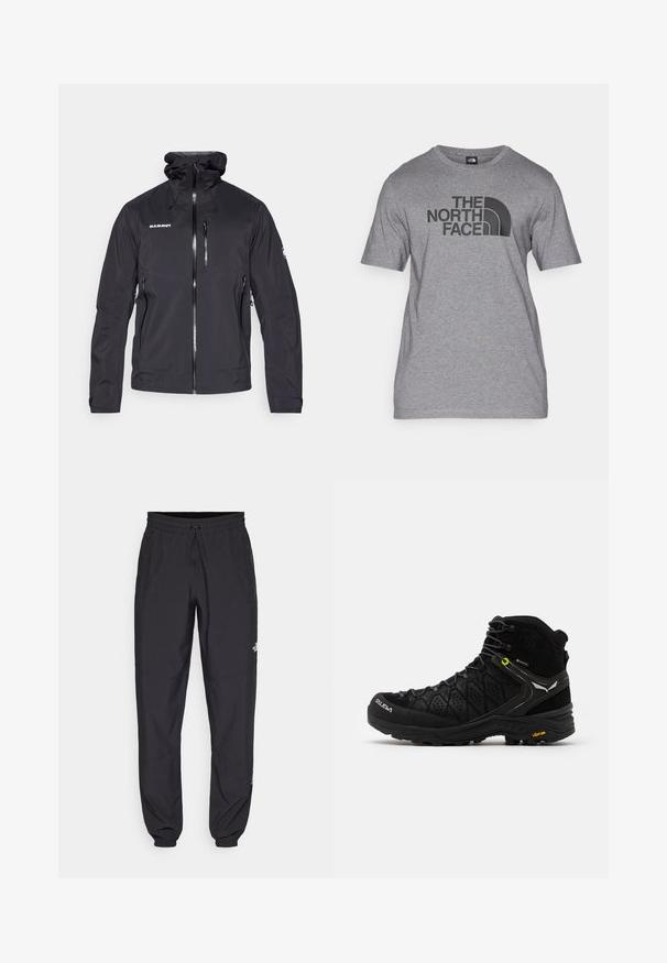 Czarna wodoodporna kurtka z zamkiem z przodu, regulowanym kapturem i dwiema bocznymi kieszeniami na zamek. Ma logo na klatce piersiowej i teksturowany materiał.; Szara krótka koszulka z krótkim rękawem, wykonana z mieszanki bawełny, z czarnym nadrukiem graficznym "THE NORTH FACE" oraz szczegółowym logo w kształcie łuku na przodzie.; Czarne spodenki sportowe wykonane z lekkiego materiału, z elastycznym pasem na sznurek, bocznymi kieszeniami i zwężanymi mankietami przy kostkach.; Czarne buty trekkingowe z teksturowaną cholewką, wzmocnionym noskiem i podeszwą Vibram. System sznurowania zawiera haki dla zapewnienia pewnego dopasowania.