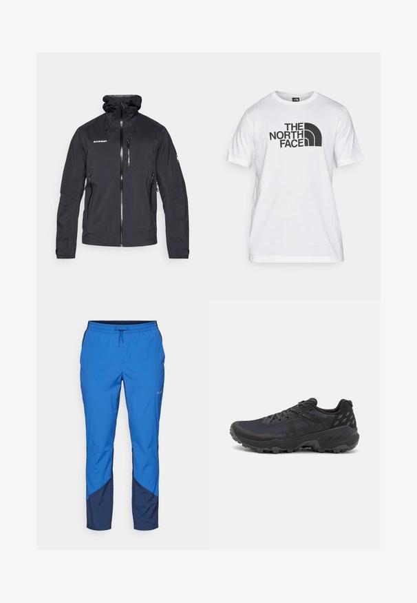 Black waterproof jacket with a zip front, adjustable hood, and two side zip pockets. Features a logo on the chest and textured fabric.; White cotton t-shirt featuring a black graphic print with text and a curved logo design. Round neckline and short sleeves. Plain texture.; Blue outdoor pants with a drawstring waistband. Featuring navy accents near the hem and sides, made from lightweight fabric.; Black trail running shoes with a textured mesh upper and rubber outsole; features include laces, a padded collar, and logo detailing.