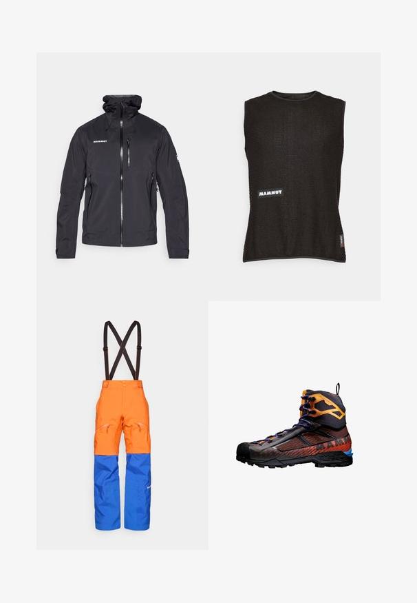 Svart vattentät jacka med dragkedjeframtill, justerbar huva och två sidofickor med dragkedja. Har en logotyp på bröstet och textil med struktur.; Ärmlös svart topp med texturerat material, med en vit "Mammut"-logotyp och en liten röd accenttag på sidan, rundad halsringning.; Apelsin- och blå vattentäta byxor med svarta justerbara hängslen, framfickor med dragkedja och förstärkta knän för utomhusaktiviteter.; Svart och orange vandringskänga med nät- och gummimaterial. Har blå accenter, texturerade mönster och en hög ankeldesign för stöd.