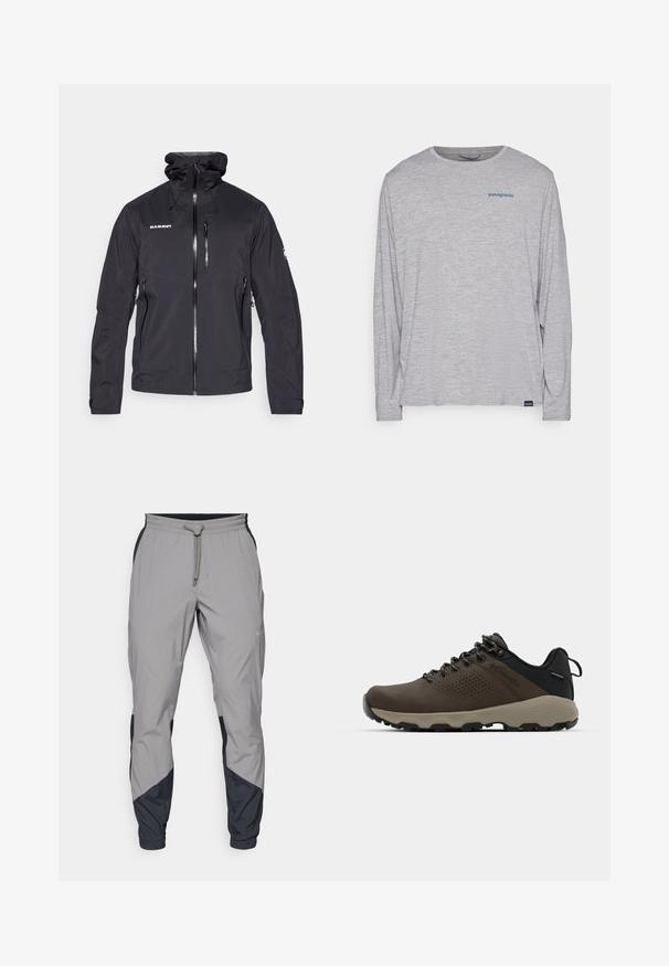 Giacca nera impermeabile con zip frontale, cappuccio regolabile e due tasche laterali con zip. Presenta un logo sul petto e un tessuto testurizzato.; T-shirt grigio chiaro a maniche lunghe realizzato in un morbido tessuto testurizzato. Presenta un collo a giro e un piccolo logo blu Patagonia sul petto.; Pantaloni sportivi leggeri grigi con accenti neri. Vita elastica, chiusura con cordino, design a gamba affusolata e tasche laterali.; Sneakers impermeabili marroni con tomaia testurizzata, dettagli perforati, supporto al tallone nero e suola in gomma grigia. I lacci sono decorati con estremità metalliche.