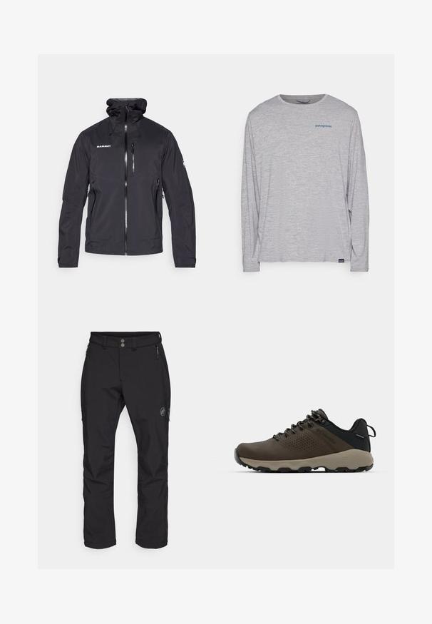 Schwarze wasserdichte Jacke mit Reißverschluss vorne, verstellbarer Kapuze und zwei seitlichen Reißverschlusstaschen. Mit einem Logo auf der Brust und strukturiertem Stoff.; Hellgraues Langarm-T-Shirt aus weichem, strukturiertem Stoff. Verfügt über einen Rundhalsausschnitt und ein kleines blaues Patagonia-Logo auf der Brust.; Schwarze Outdoor-Hosen mit geradem Beindesign, aus strapazierfähigem Stoff. Enthält zwei Vordertaschen mit Reißverschlüssen und ein Logo auf dem Oberschenkel.; Braune wasserdichte Sneakers mit einer strukturierten Oberseite, perforierten Akzenten, schwarzem Fersenschutz und einer grauen Gummisohle. Die Schnürsenkel sind mit metallischen Enden gestaltet.