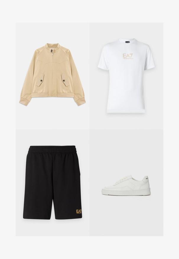 Beige lightweight jacket with stand collar, front zipper, two buttoned flap pockets, elastic cuffs, and hem with braided trim detail.; White cotton t-shirt featuring a round neckline and short sleeves, with a gold EA7 Emporio Armani logo printed on the front.; Black athletic shorts made of soft fabric,Featuring an elastic waistband and a small yellow EA7 logo on the lower left leg.; White leather sneaker with a smooth finish, round toe, flat laces, and a textured sole. Features a subtle logo on the heel.