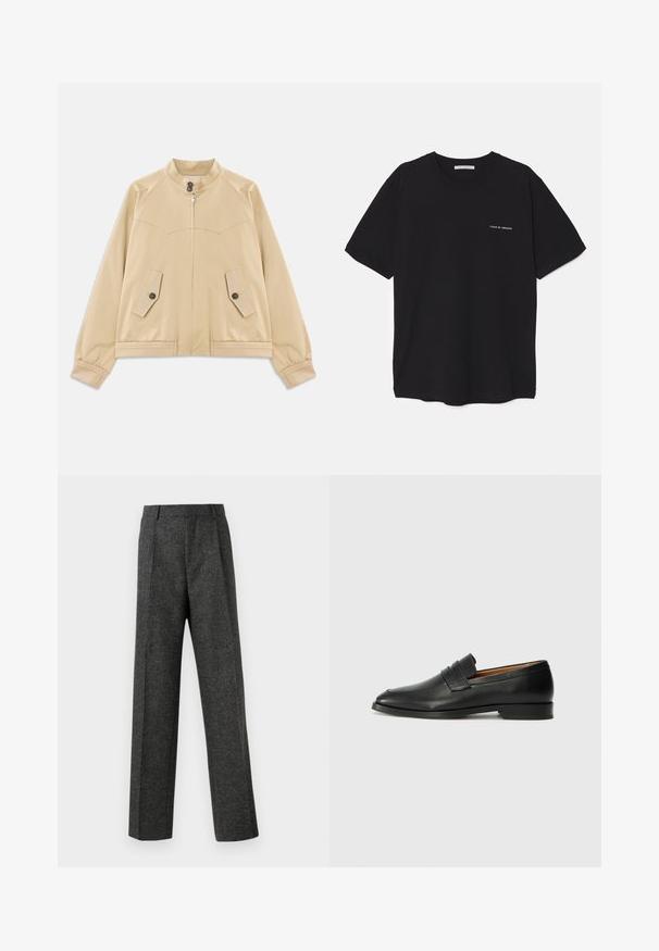 Beige leichte Jacke mit Stehkragen, Frontreißverschluss, zwei mit Knöpfen versehenen Klappentaschen, elastischen Bündchen und einem Saum mit geflochtenem Details.; Schwarzes Baumwoll-T-Shirt mit Rundhalsausschnitt, kurzen Ärmeln und weißem Logodruck auf der linken Brust. Einfaches, einfarbiges Design.; Graue maßgeschneiderte Hose aus strukturiertem Stoff, mit zwei vorderen Falten und geradem Bein. Keine sichtbaren Taschen oder Verzierungen.; Schwarze Leder-Slipper mit runder Zehenform, dezenten gestickten Details und niedrigem Absatz, ausgestattet mit glatter Textur und minimalistischem Design.
