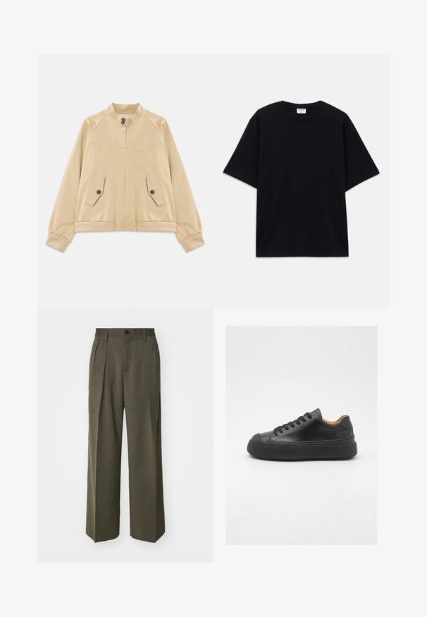 Beige lightweight jacket with stand collar, front zipper, two buttoned flap pockets, elastic cuffs, and hem with braided trim detail.; Black short-sleeve oversized T-shirt with round neckline and visible Filippa K brand label inside the collar.; Filippa K WIDE TROUSERS - Trousers - driftwood; Black leather sneaker with a round toe, lace-up front, smooth texture, thick rubber sole, and contrasting tan interior.