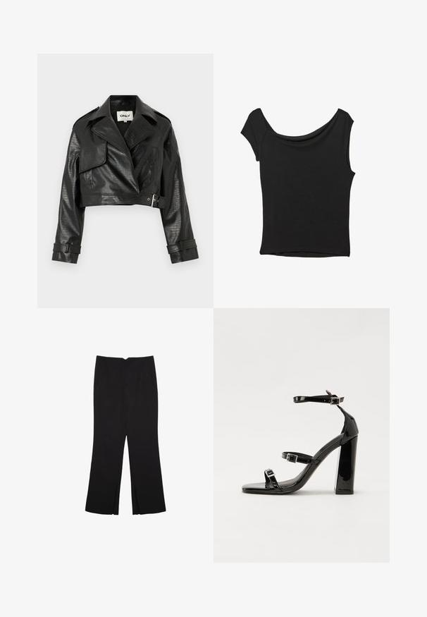 Črna skrajšana jakna iz umetnega usnja z teksturirano površino, širokimi reverji, pasom in dvema prednjima žepoma. Ima strukturirane ramena.; Črna kratka majica s kratkimi rokavi iz gladkega blaga; ima drapiran izrez in asimetrično spodnjo rob, s prilegnjenim telesom.; Črne hlače ravnega kroja z naglavnimi žepi in stranskimi razporki na robu. Narejene iz mehke, gladke tkanine. Primerne za različne priložnosti.; Črne lakirane sandale s peto, kvadratnim prstom, trakovi okrog gležnja in srebrnimi zaponkami. Opremljene so s stabilno Debelo peto.