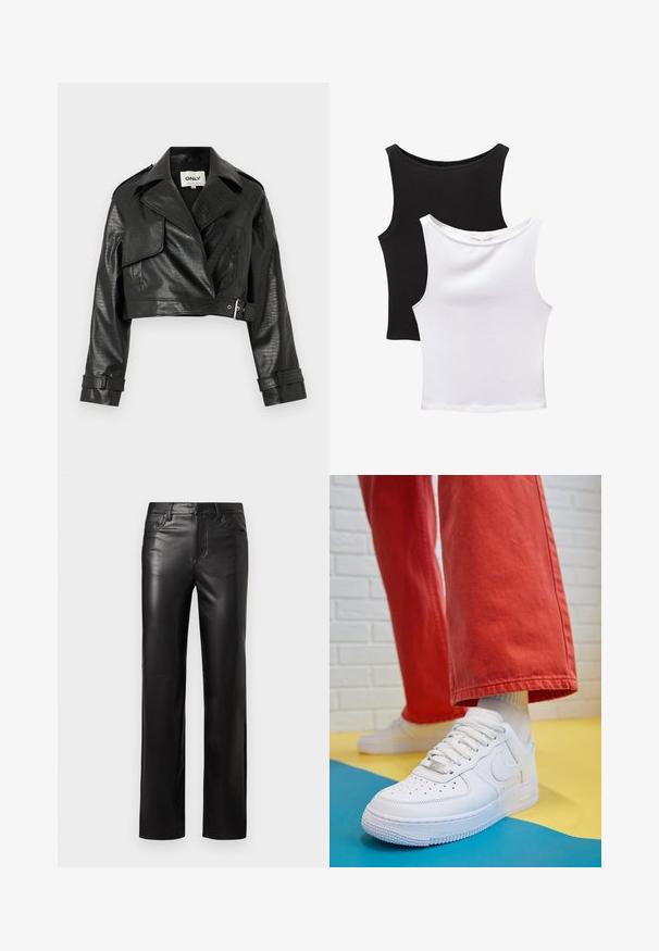 Crna skraćena jakna od umjetne kože s teksturiranim završetkom, širokim reverima, pojasnim detaljima i dva prednja džepa. Sadrži strukturirane ramene. ; Dva bezrukavnih topa u crnoj i bijeloj boji, napravljena od pamuka. Imaju okrugle izreze i prilagođen dizajn s glatkom teksturom.; Crne kožne hlače ravnog kroja, s patent zatvaračem i prednjim džepovima. Glatka tekstura s suptilnim detaljima šivanja.; Bijele kožne tenisice s perforiranim prednjim dijelom, teksturiranim đonom i bijelim vezicama, u kombinaciji s širokim crvenim hlačama i plavo-žutom pozadinom.