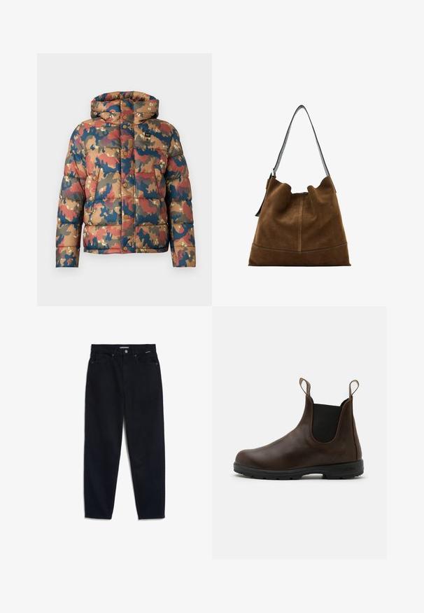 Giacca imbottita con motivo camouflage in tonalità terrose di marrone, rosso e blu. Presenta un cappuccio, bottoni a pressione e tasche frontali.; Maglione a collo alto blu navy con texture a coste, maniche larghe e vestibilità rilassata. Materiale morbido e design minimalista.; Jeans in denim nero con gamba dritta, design a cinque tasche e chiusura a bottone. Il tessuto ha una texture liscia e cuciture minime a vista.; Stivale alla caviglia in pelle marrone con pannelli laterali elasticizzati, linguette di trazione e suola in gomma testurizzata. Caratterizzato da un design elegante con punta arrotondata.; Borsa a secchiello in suede marrone con una tracolla in pelle nera, caratterizzata da una silhouette morbida e dettagli cuciti alla base.