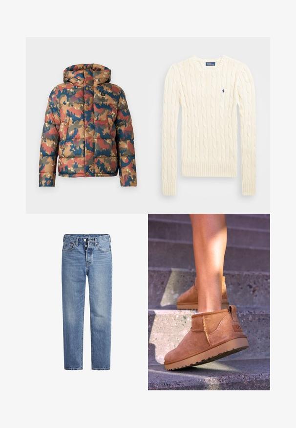 Chaqueta acolchada con un patrón de camuflaje en tonos terrosos de marrón, rojo y azul. Cuenta con una capucha, botones a presión y bolsillos frontales.; Suéter crema de punto trenzado con manga larga, puños y dobladillo acanalados, que presenta un pequeño logo bordado en el lado izquierdo del pecho.; Jeans de mezclilla azul claros con corte recto, diseño de cinco bolsillos y cierre de botón. Presentan un ligero desvanecimiento y acentos de costura en naranja.; Botas de tobillo de ante color beige con una textura suave, detalles de costura y una suela de goma, que cuentan con un tacón en bucle para facilitar su uso.
