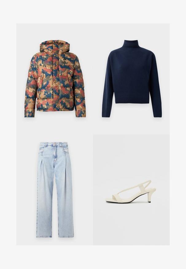 Paminkštinta striukė su kamufliažo raštu žemės tonais: ruda, raudona ir mėlyna. Savybės: kapišonas, lengvai užsegamos mygtukai ir priekiniai kišeniai.; Tamsiai mėlynas, ilgas rankoves turintis golfas su raukšlėmis ant rankovių, apvado ir kaklo, pateiktas ant balto fono.; Šviesiai mėlyni džinsai su aukštu liemeniu, plačiomis kojomis, dviem šoninėmis kišenėmis ir raukinių dizainu. Minkšta tekstūra su nudilusia apdaila.; Kreminės blokų kulno šlepetės su plonomis dirželiais ir kvadratiniu pirštu. Lygus medžiaga su minimaliais akcentais, sukurtos lengvam dėvėjimui.