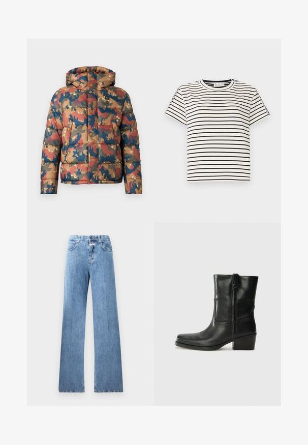 Podložena jakna s kamuflažnim vzorcem v zemeljskih odtenkih rjave, rdeče in modre. Ima kapuco, pritisne gumbe in sprednje žepke.; Bombažna majica s kratkimi rokavi in okroglo ovratnikom, ki ima črne navpične črte na belem ozadju ter ravno krojeno zasnovo.; Svetlo modre denim hlače z širokimi hlačnicami, petimi žepi, pasnimi zankami in gumbom za zapiranje. Tkanina ima gladko teksturo.; Črne usnjene gležnjarje z zaobljenim nosom, blok peto, stransko zadrgo in šivanjem na vampu. Gladka tekstura, klasična zasnova.