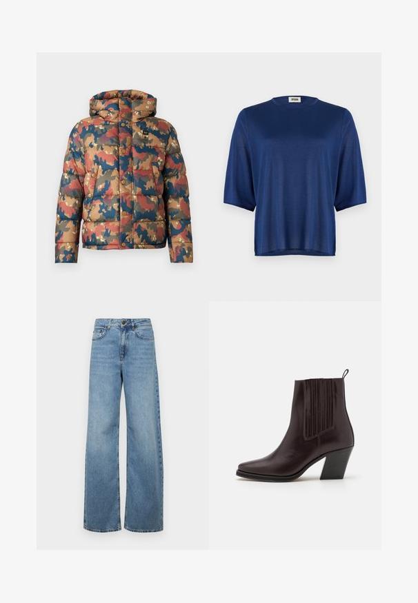 Padded jacket with a camouflage pattern in earthy tones of brown, red, and blue. Features a hood, snap buttons, and front pockets.; Navy blue short-sleeve top made of smooth fabric, featuring a round neckline and a loose fit. Simple design with no patterns or embellishments.; Light blue wide-leg jeans made of denim, featuring a high waist, front pockets, and a classic five-pocket design, with subtle fading.; Dark brown leather ankle boot with a pointed toe, vertical ribbed detailing on the side, and a mid-height block heel.