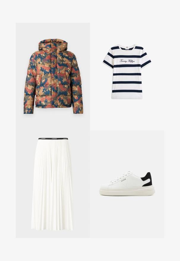 Polstret jakke med camouflagemønster i jordfarger som brun, rød og blå. Har hette, trykknapper og frontlommer.; Koftet laget av bomull har horisontale marineblå striper på hvit bakgrunn. "Tommy Hilfiger" brodert i kursiv på brystet. Rund hals.; Plissert hvit skjørt med en svart elastisk midje som har "LACOSTE"-logoen. Midjelengde design med myk tekstur.; Hvite lær sneakers med tykk hvit såle, svart semsket hælforsterkning og preget logo på siden. Snøresystem med seks hull.