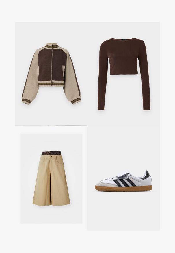 Brown and beige cropped knit jacket with a high collar, full zip front, and striped ribbed trims; features wide balloon sleeves and side pockets.; Brown long-sleeve cropped top made of smooth material, featuring a rounded neckline and form-fitting design. No visible patterns or accents.; Khaki shorts with a wide leg design and a leopard print waistband. Features front pockets and a button closure. Smooth, textured fabric.; White leather sneaker with black stripes and grey accents, featuring a rounded toe and gum rubber outsole. Velcro strap and lace closure.
