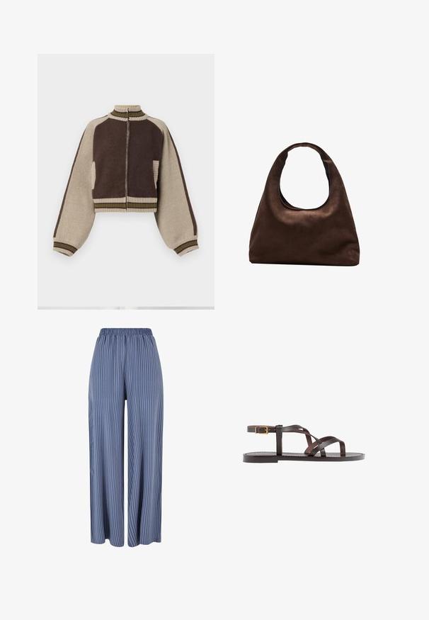 Hnedý a béžový skrátený pletený kabát s vysokým golierom, plným zipsom vpredu a prúžkovanými rebrovanými detailmi; obsahuje široké balónové rukávy a bočné vrecká.; Hnedé tričko s krátkym rukávom vyrobené z jemného materiálu, s okrúhlym výstrihom a voľným strihom. Žiadne viditeľné vzory ani akcenty.; Modré široké nohavice s bielymi vertikálnymi pruhmi a elastickým pásom, vystavené na bielom pozadí.; Hnedé kožené sandály s krížovými popruhmi, uzatváraním na pracku okolo členku a plochou podrážkou s minimálnymi ševmi.; Svetlohnedá kabelka v štýle hobo s jedným širokým popruhom a zakriveným otváraním na vrchu, vystavená na bielom pozadí.