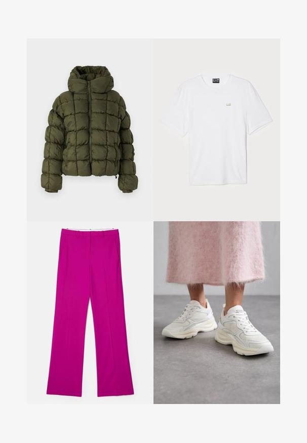 Olive green puffer jacket with a high collar, quilted design, front zipper closure, and elasticized cuffs. Soft, smooth texture.; White cotton t-shirt with short sleeves, crew neckline, featuring a small gold EA7 logo on the left chest area.; Fuchsia wide-leg trousers with a smooth texture, featuring front pockets and a tailored design for a structured appearance.; White sneakers with mesh and leather materials, rounded toe, and cushioned sole. Features laces and brand name on tongue.