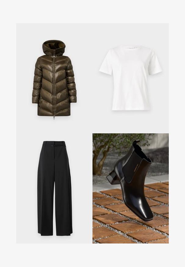Olivově zelená péřová bunda s chevronovým prošíváním, vysokým límcem, předním zipem a kapucí. Vyrobená z lesklého, lehkého materiálu.; Bílý bavlněný tričko s krátkým rukávem, kulatým výstřihem a volnějším střihem. Hladká textura, bez vzorů nebo akcentů, minimalistický design.; Černé kalhoty s širokými nohavicemi a vysokým pasem, se zdobením páskem. Mají hladkou texturu a čisté linie, navrženy pro pohodlný střih.; Lesklé černé kožené kotníkové boty s blokovým podpatkem, elastickými bočními panely a poutkem, plovoucí nad dřevěnými dlaždicemi a štěrkovým povrchem venku.