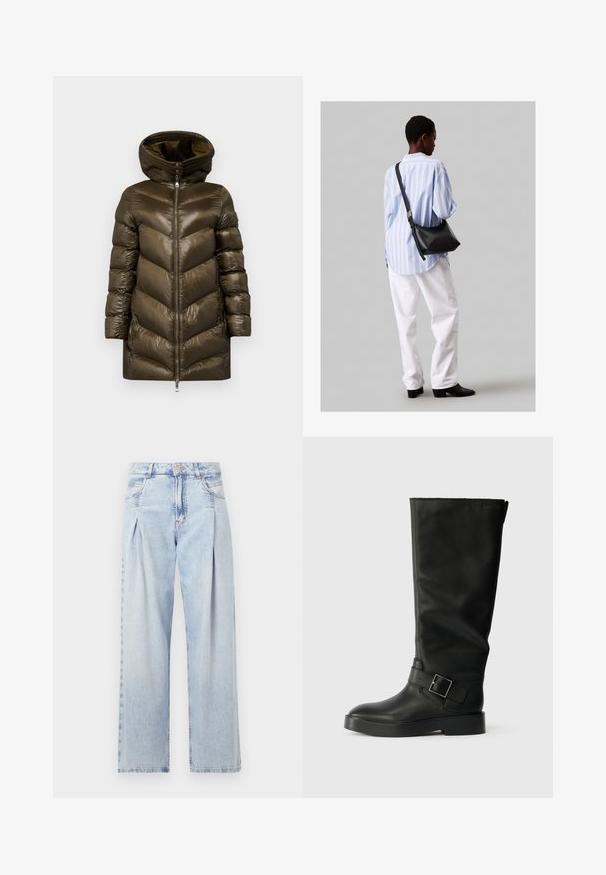 Alyvinės žaliavos pūkinė striukė su zigzago raštu, aukštu apykakle, priekiniu užtrauktuku ir kapišonu. Pagaminta iš blizgaus, lengvo medžiagos.; Juodas medvilninis marškinėliai trumpomis rankovėmis, apykaklė, su mažu baltu "Calvin Klein" logotipu krūtinėje. Lygus paviršius, klasikinis siluetas.; Šviesiai mėlyni džinsai su aukštu liemeniu, plačiomis kojomis, dviem šoninėmis kišenėmis ir raukinių dizainu. Minkšta tekstūra su nudilusia apdaila.; Juodi iki kelių batai, pagaminti iš lygaus odos, su apvalia nosimi, storu padu ir horizontalia juosta su stačiakampiu sagties akcentu.; Juodas odinis petinis krepšys su minkšta tekstūra, trikampiu pavidalu ir reguliuojama juosta, derinamas su šviesiai mėlynu dryžuotu marškinėliu ir baltais džinsais.