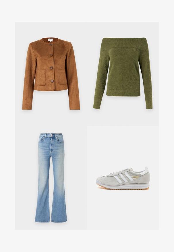 Brūns mākslīgā zamšādas žakets ar apaļu kaklu, pogu aizdari un divām priekšējām kabatām. Gluda tekstūra un pieguļošs dizains.; Džemperis ar atklātām plecu daļām un garām piedurknēm olīvu zaļā krāsā, izgatavots no mīksta, teksturēta auduma ar ribota tipa apkakli un gludu ķermeni.; Gai zili flared džinsi, kas izgatavoti no denima, ar augstu jostasvietu, piecu kabatu dizainu un maigu gradientu izbalēšanu uz apakšmalas.; Gaišpelēka kedas, izgatavotas no zamša un sieta, ar trim baltām svītrām, apaļu purngalu un gumijas zoli. Zelta logo akcenta detaļa blakus auklām.