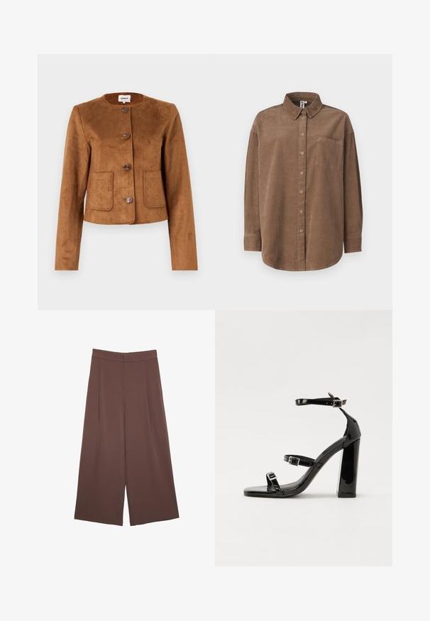 Smeđa umjetna suede jakna s okruglim vratom, zatvaranjem na tipke i dva prednja džepa. Glatka površina i prilagođen dizajn.; ONLY ONLAIME MOXI LONG - Bluza s gumbima - fossil; Smeđe hlače širokog kroja s glatkom teksturom, koje imaju visok struk i nabore sprijeda. Tkanina je lagana i slobodno se kreće.; Crne lakirane sandale na pete sa kvadratnim nosom, trakama oko gležnja i srebrnim kopčama. Imaju čvrst blok petu za stabilnost.