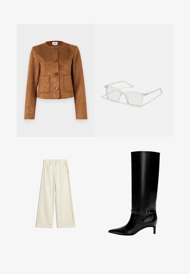Hnedá falošná zamšová bunda s okrúhlym výstrihom, zapínaním na gombík a dvoma prednými vreckami. Hladká textúra a priliehavý strih.; Biely top s dlhými rukávmi a výstrihom do lodičky. Vyrobený z jemného materiálu, má rozšírené rukávy a rovný lem, ponúkajúci jednoduchý a všestranný dizajn.; Svetlé krémové nohavice so širokými nohavicami, ktoré majú kovové cvoky pozdĺž vonkajších švov, päť vreciek a klasické zapínanie na gombík.; Čierne kožené čižmy po kolená s špicatou špičkou a malým opätkom. Obsahujú úzku pracku s kovovou sponou okolo členka. Hladký povrch.; Priehľadné plastové okuliare s námestovými rámami a priehľadnými šošovkami, s kultivovanými zlatými akcentmi na spánkoch pre zvýraznenie detailov.; Hnedý kožušinový šál nosený cez krémový sveter. Šál má mäkkú textúru a hrubý, objemný dizajn, ktorý elegantne splýva.