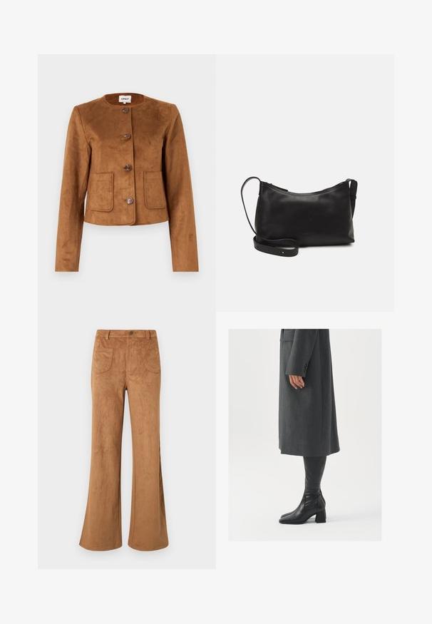 Veste en suédine marron avec col rond, fermeture à boutons et deux poches frontales. Texture lisse et design ajusté.; Ensemble de deux hauts à manches longues en blanc et noir. Texture côtelée, col rond, design ajusté avec des manches légèrement évasées.; Pantalon évasé en daim marron avec taille haute, poches avant et arrière, et texture lisse. Conçu pour un ajustement décontracté sur toute la jambe.; Manteau gris taillé à coupe droite ; associé à des bottes en cuir noir jusqu'au genou avec un bout carré et un talon épais.; Sac à épaule en cuir noir avec une texture lisse, une forme courbée, une bandoulière ajustable et une fermeture éclair. Design minimaliste sans embellissements.