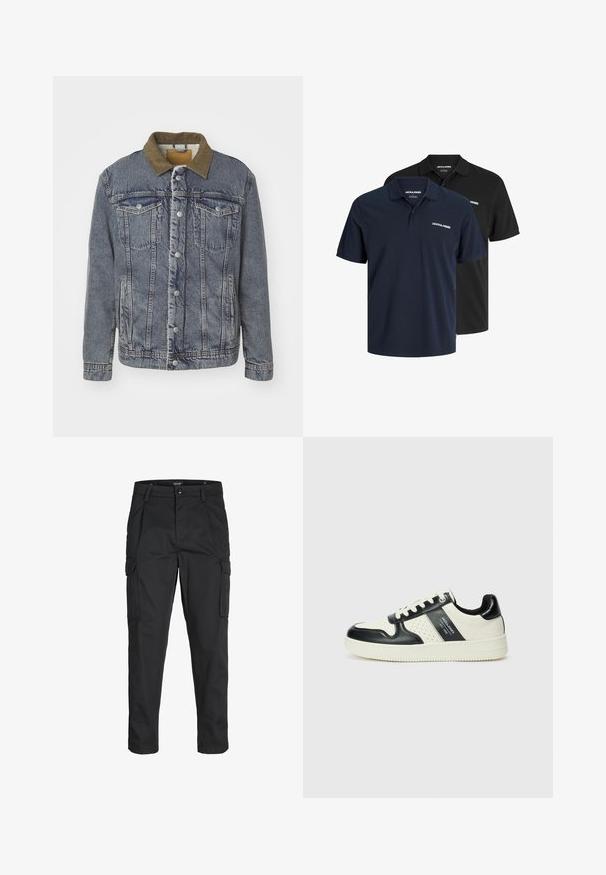 Blue denim jacket featuring a brown corduroy collar, silver buttons, two chest pockets, side pockets, and a textured finish.; Two polo shirts: one navy with white logo and one black. Both feature a classic collar and short sleeves, made from lightweight fabric.; Black cargo pants made of sturdy fabric, featuring multiple pockets, a button closure, and a slim fit design with tapered legs.; Leather sneakers with a black and cream color scheme, featuring perforated accents, a padded collar, and a textured outsole.