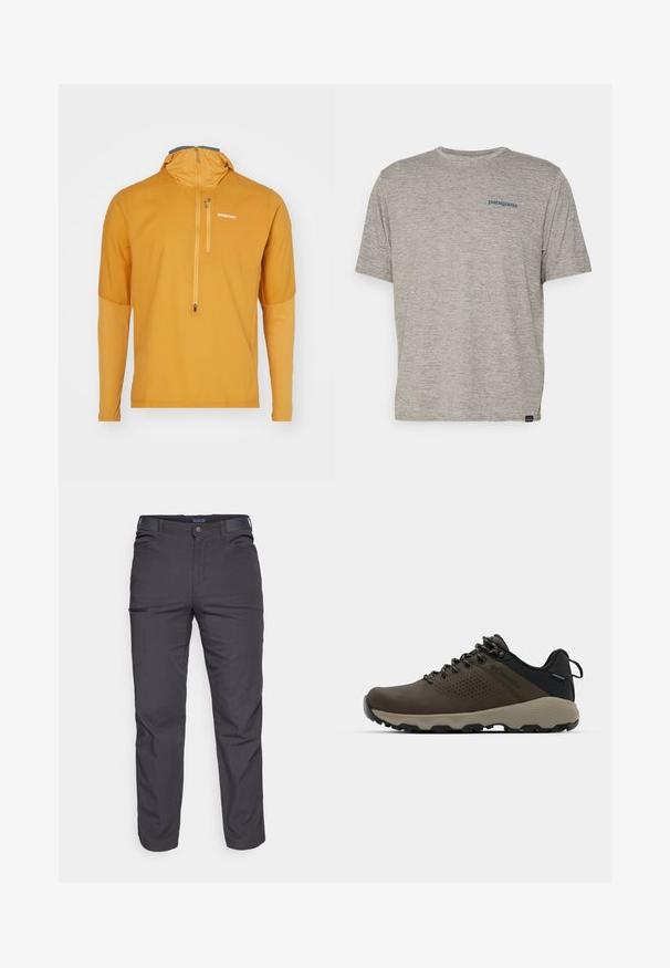 Patagonia AIRSHED musztardowy; Szara koszulka z krótkim rękawem, uszyta z miękkiego, teksturowanego materiału, z małym niebieskim logo Patagonia na lewej piersi. Bez dodatkowych wzorów.; Ciemnoszare spodnie wykonane z trwałej tkaniny, z zamkniętą kieszenią, prostym krojem i szlufkami na pasek, umożliwiającymi regulację dopasowania.; Brązowe wodoodporne trampki z teksturowaną cholewką, perforowanymi akcentami, czarnym wsparciem pięty i szarym gumowym podeszwy. Sznurówki ozdobione metalowymi końcówkami.