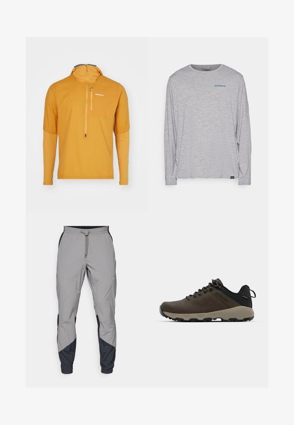 Patagonia AIRSHED PRO - Széldzseki - golden caramel; Világosszürke, hosszú ujjú póló, puha, texturált anyagból készült. Kerek nyakkivágással és egy kis kék Patagonia logóval rendelkezik a mellkasán.; Könnyű, szürke sportnadrág fekete részletekkel. Rugalmas derékpánt, zsinóros zárás, szabott lábszár kialakítás és oldalsó zsebek.; Barna vízálló sportcipők texturált felsőrésszel, perforált díszítésekkel, fekete saroktámasszal és szürke gumi talppal. A cipőfűzők fém végződésekkel vannak ellátva.
