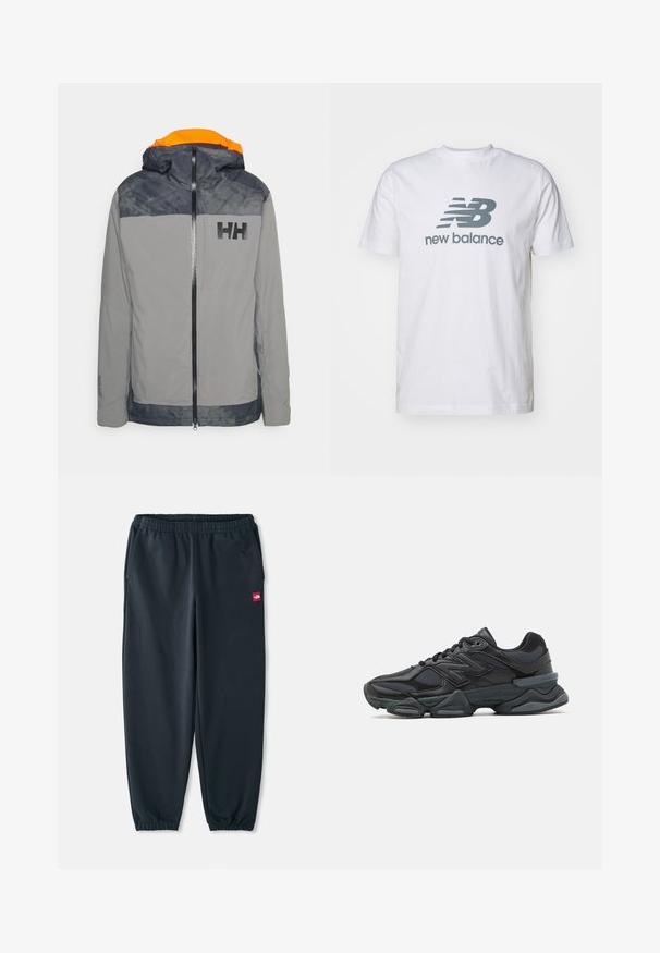 Šedá voděodolná bunda s oranžovou podšívkou kapuce, černým logem na hrudi a kontrastními navy rameny. Obsahuje zipové zapínání a nastavitelné manžety.; Bílý bavlněný tričko s šedým logem "NB" a textem "new balance", krátké rukávy, klasický design s kruhovým výstřihem, hladká textura.; Černé joggingové kalhoty vyrobené z hladké látky, s elastickým pasem, manžetami na kotnících a malou červenou nášivkou na boku.; Černá běžecká bota s kombinací síťoviny a syntetických materiálů, masivní podešev, zakřivený design a výrazné logo na boku.