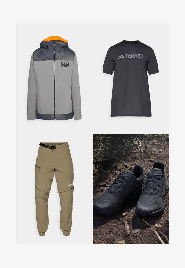 Grijze waterdichte jas met oranje binnenkant van de capuchon, zwart logo op de borst en contrasterende marineblauwe schouders. Voorzien van ritsluiting en verstelbare manchetten.; Zwarte korte mouwen t-shirt van lichtgewicht stof, met een lichtgrijze "TERREX" logo over de borst en een ronde hals.; Khaki outdoor broek met een verstelbare zwarte riem, ritszakken, taps toelopende mouwen en afneembare onderbenen voor veelzijdige styling.; Zwarte sportieve schoenen met een gestructureerde gebreide bovenkant, verstevigde neus en een gevoerde zool, tentoongesteld op aardse grond met verspreide takjes.