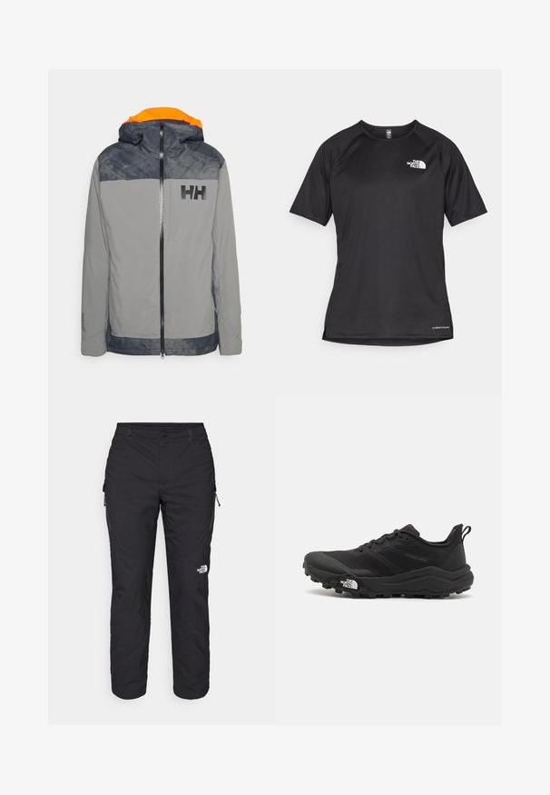 Grijze waterdichte jas met oranje binnenkant van de capuchon, zwart logo op de borst en contrasterende marineblauwe schouders. Voorzien van ritsluiting en verstelbare manchetten.; Zwarte sportshirt met korte mouwen van textuurstof, met een wit logo op de linkerborst en een rechte zoom.; The North Face WINTER EXPLORATION TAPERED CARGO - Outdoorbroeken - black; Zwarte trailrunning schoen met een gestructureerde bovenkant, rubberen zool en versterkte neus. Voorzien van een gevoerde kraag en een trekhaak voor eenvoudig aan- en uittrekken.