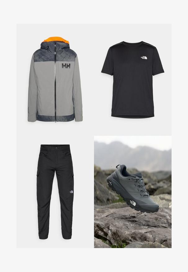 Hallikas veekindel jakk oranži voodriga kapuuts, must logo rinnal ja kontrasteerivad tumesinised õlad. Omab tõmblukuga sulgemist ja reguleeritavaid mansette.; Must mustaöödiga must T-särk, mis on valmistatud kerge riidekanga. Esiküljel on vasakul rinnal väike valge logo ning õlgadel on peened aktsendid.; The North Face HORIZON PANT - Õuepüksid - black; Hallhalli jooksukingad halli värvi, tekstureeritud ülemise osaga, vastupidava kummist tallaga ja tugevdatud varvaste kattega. Omab paelu ja kaubamärgi logo küljel.